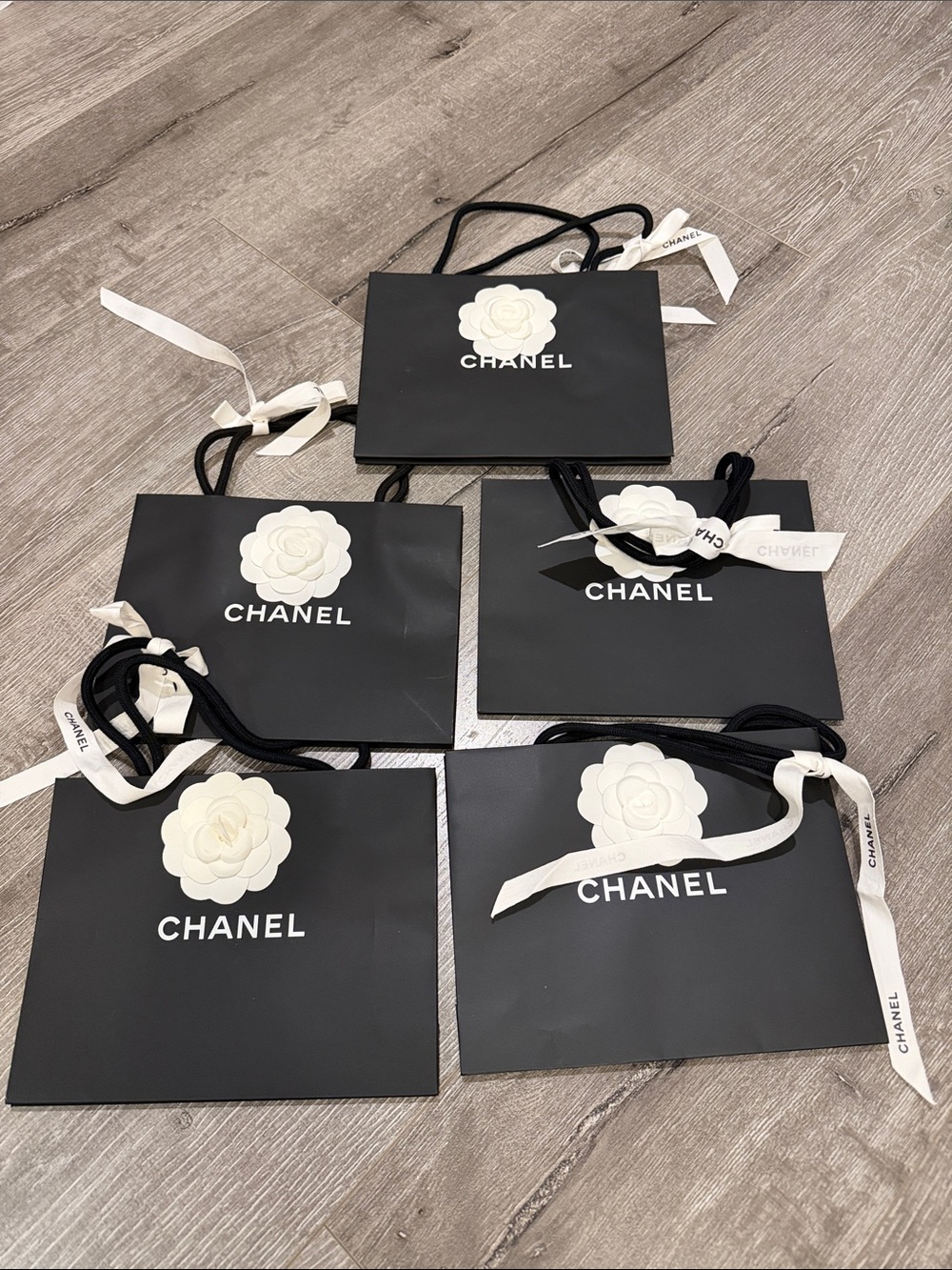 ✨ Authentic CHANEL Black Shopping Bag Bundle – Set of 5 with camellia flower✨
